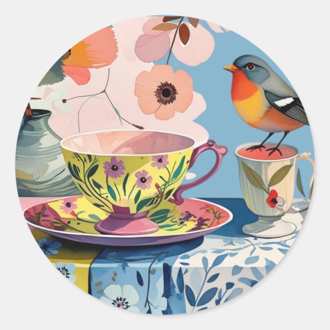 Rond Vintage Bird Teacup Floral Envelope Sticker (Devant)
