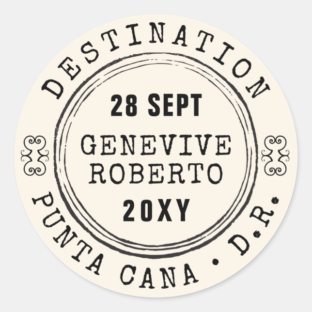 Rond Vintage Mariage Passeport Timbre ÉDITABLE Sticker (Devant)