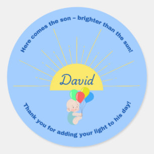 Rond Voici le Sticker Baby shower Fils pour garçon