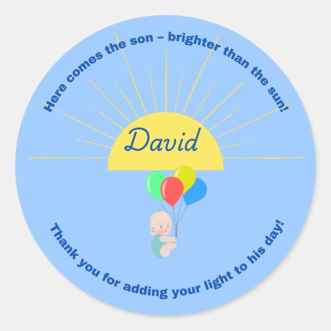 Rond Voici le Sticker Baby shower Fils pour garçon (Devant)