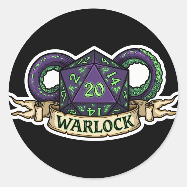 Rond Warlock D20 Class Crest Sticker - Funny D&D Warloc (Devant)