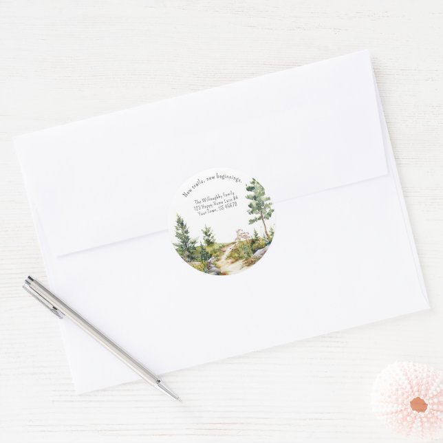 Rond Watercolor Mountain Trail Nouvelle adresse Sticker (Enveloppe)