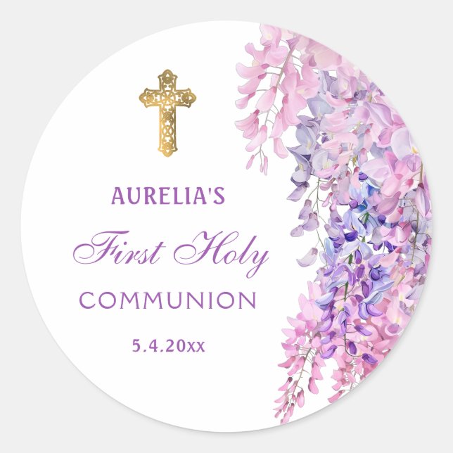 Rond Watercolor Wisteria First Communion Round Sticker (Devant)