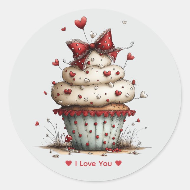 Rond Whimsical Watercolor Cupcake Love  Sticker (Devant)