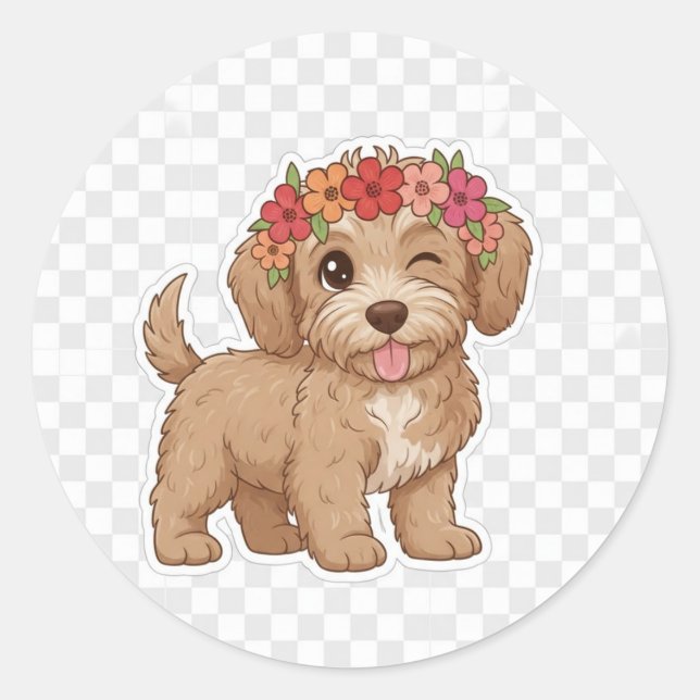 Rond Winking Puppy Flower Crown Sticker - Cutest Doodle (Devant)