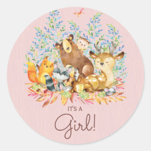Rond Woodland Animals It'a Girl Favor Sticker