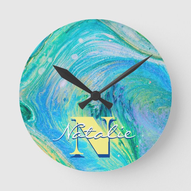 Ronde Aqua Blue Acrylique Flux Arrondi Horloge (Recto)