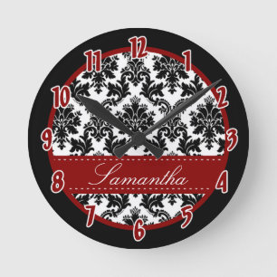 Ronde Black & white Damask Lace Rouge Horloge personnali