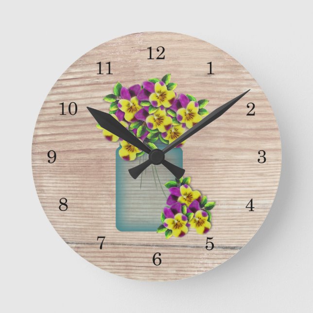 Ronde Bleu Mason Jar Pansies Mur Horloge (Recto)