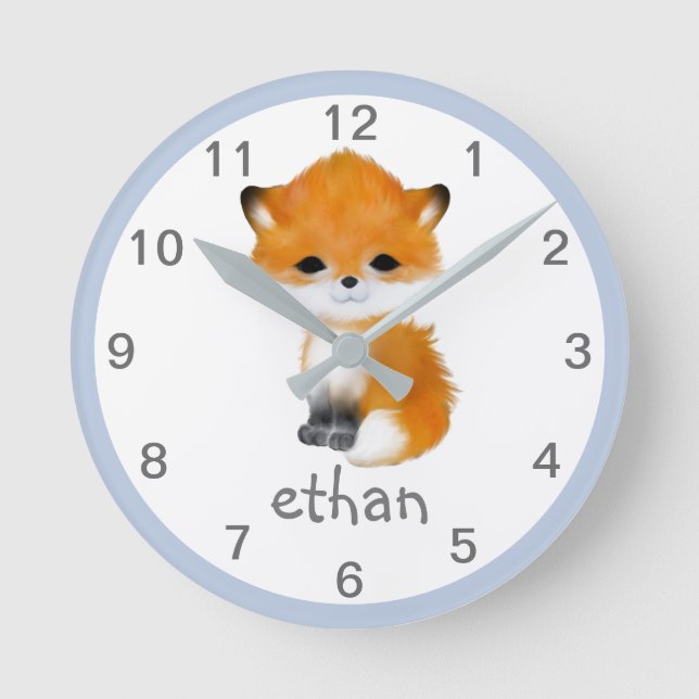 Ronde Blue Grey Woodland Animal Fox Nursery Horloge mura (Recto)