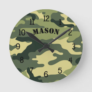 Ronde Camo Horloge avec nom, chambre à coucher enfant CG