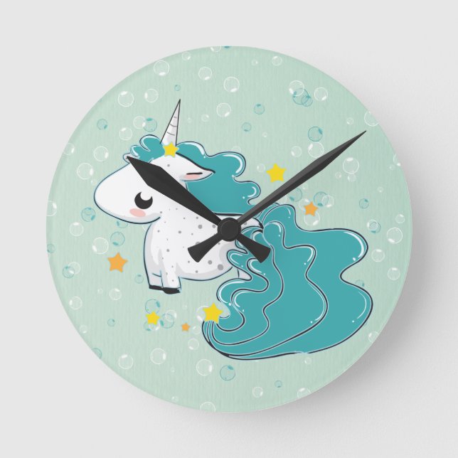 Ronde caricature bleue licorne avec horloge étoiles (Recto)