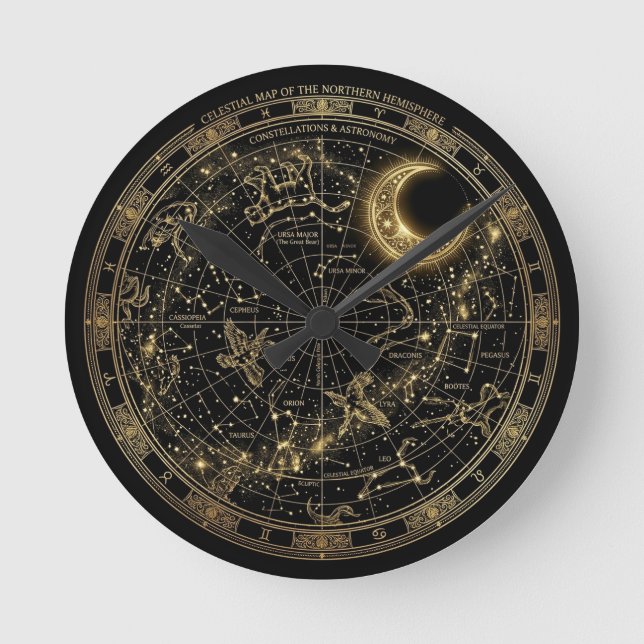 Ronde Carte céleste de constellation dorée Horloge mural (Recto)