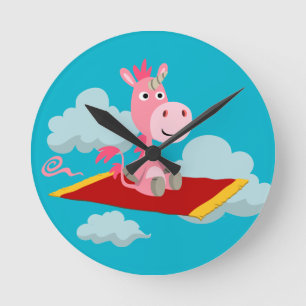 Ronde Cartoon Unicorn's Magic Carpet Ride Wall Horloge