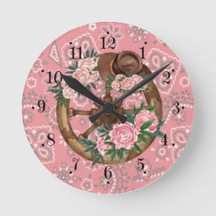 Ronde Casquette Fleur Rose Pays Wagon Roue Horloge mural