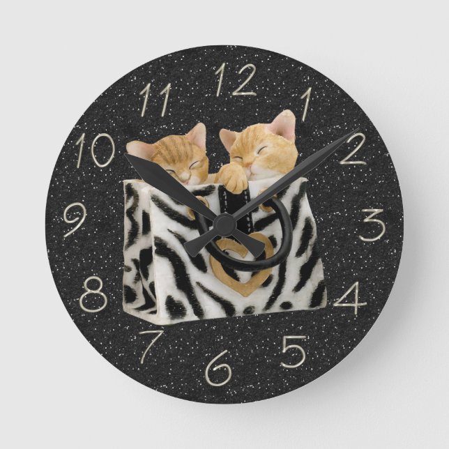 Ronde Chatons dans sac à main zèbre Horloge noir paillet (Recto)