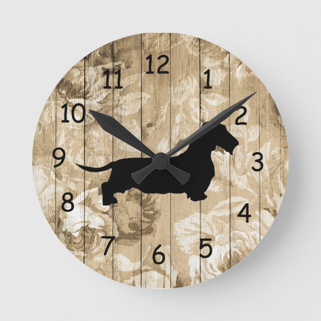 Ronde Cheveux de fil Dachshund Faux Mur de bois Horloge (Recto)