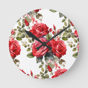 Ronde Chic Roses Rouges Fleurs Florales Horloge