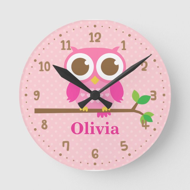 Ronde Chouette Rose Mignonne sur Branche Horloge Décorat (Recto)