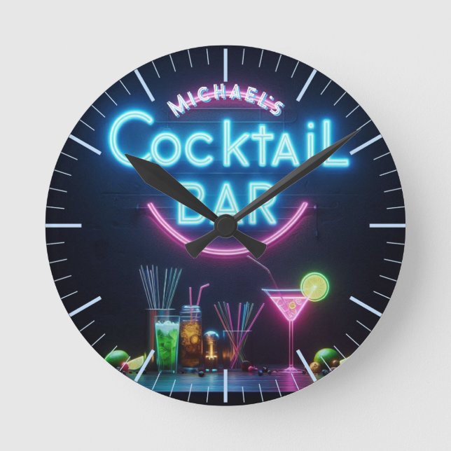 Ronde Cocktail Bar Horloge Neon Personnalisé Mancave Den (Recto)