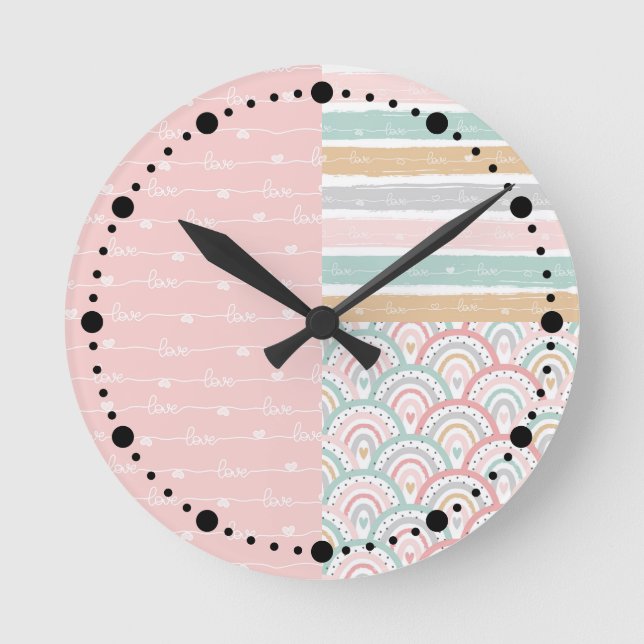 Ronde Coeurs en Patchwork Rainbows Pastel Rose Horloge m (Recto)