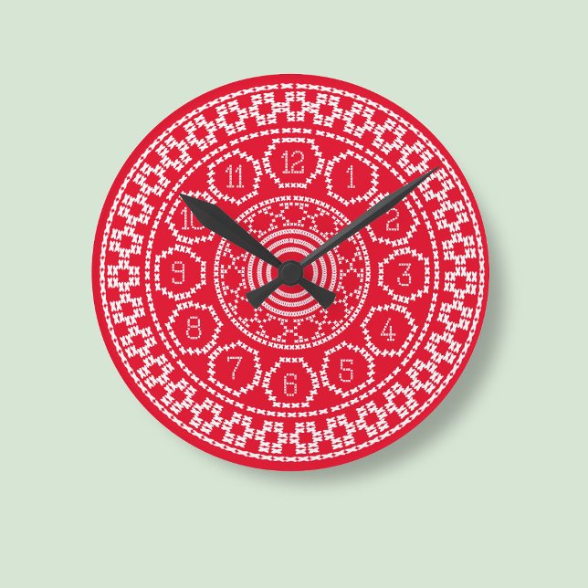 Ronde Croix Rouge Chandail Style Mur Horloge (A red and white cross stitch style clock just for you)