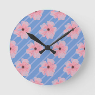 Ronde Fleurs Roses Et Bandes Horloge Mur