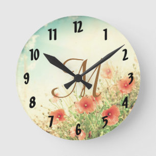 Ronde Fleurs roses Fleurs sauvages Monogramme Horloge mu