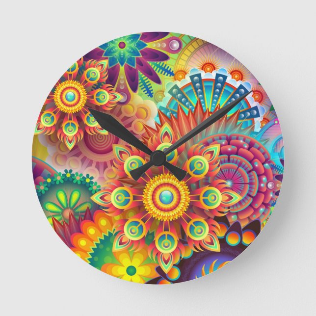 Ronde Floral Mandala Collage Psychédélique Horloge Mur (Recto)