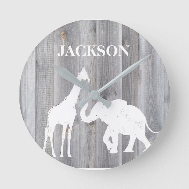 Ronde Giraffe & Elephant Sur Gray Wood Baby Room Horloge (Recto)