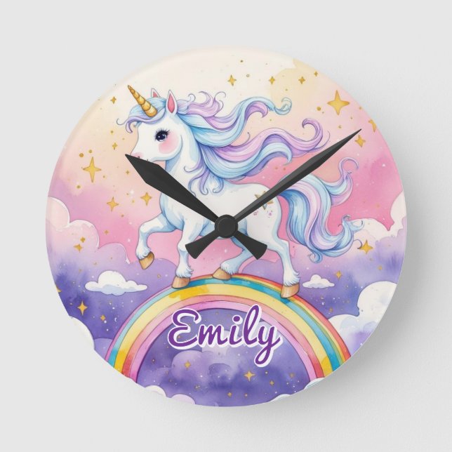 Ronde Horloge avec nom éditable Licorne sur Arc-en-Ciel (Recto)