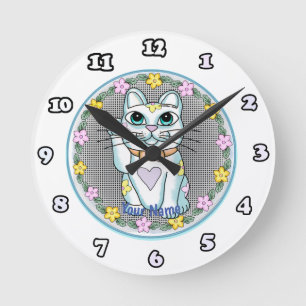 Ronde Horloge blanche Lucky Cat