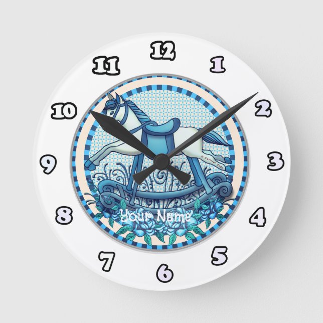 Ronde Horloge Cheval à Bascule Roses Bleues (Recto)