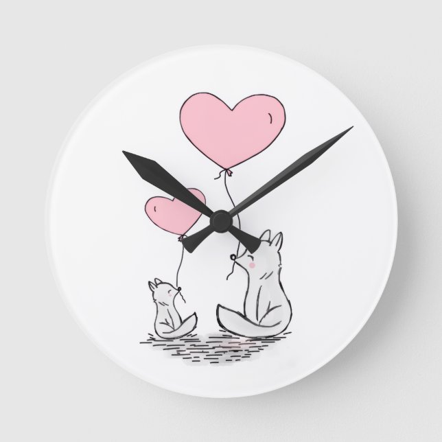 Ronde Horloge cœurs roses renardes (Recto)