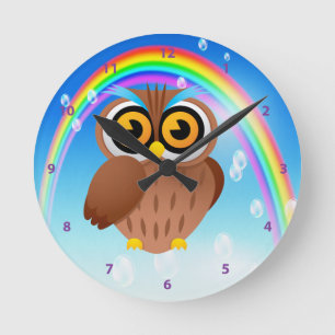 Ronde Horloge Cute Owl & Rainbow