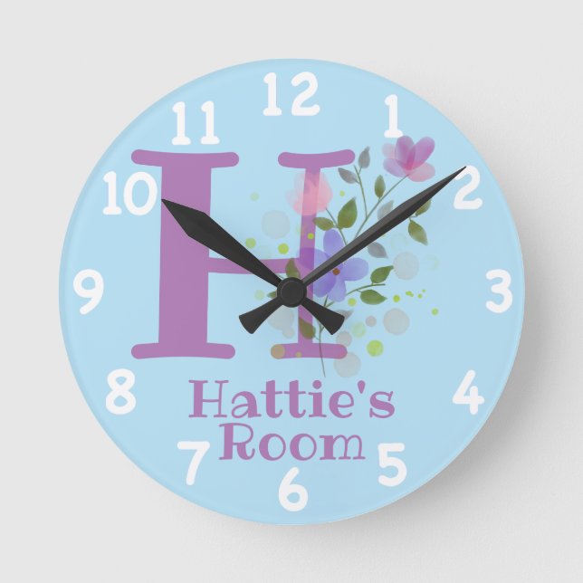 Ronde Horloge dans un design floral avec nom et initiale (Recto)
