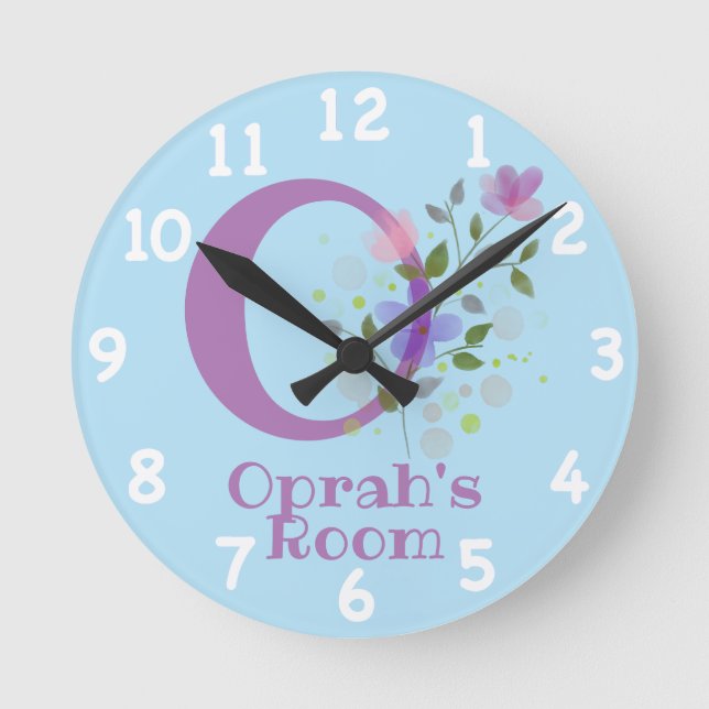 Ronde Horloge dans un design floral avec nom et initiale (Recto)