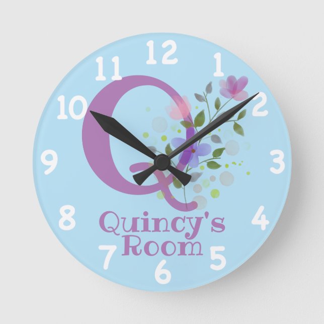 Ronde Horloge dans un design floral avec nom et initiale (Recto)