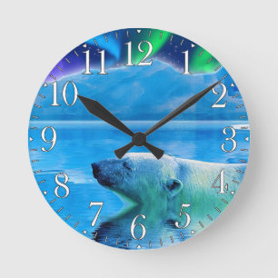 Ronde Horloge d'art de l'ours polaire et de l'Aurora