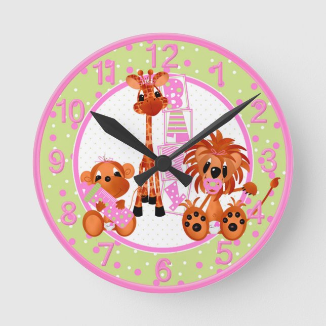 Ronde Horloge de bébé de la Jungle rose (Recto)