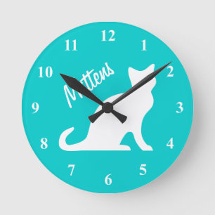 Ronde Horloge de chat de turquoise avec le nom d'animal