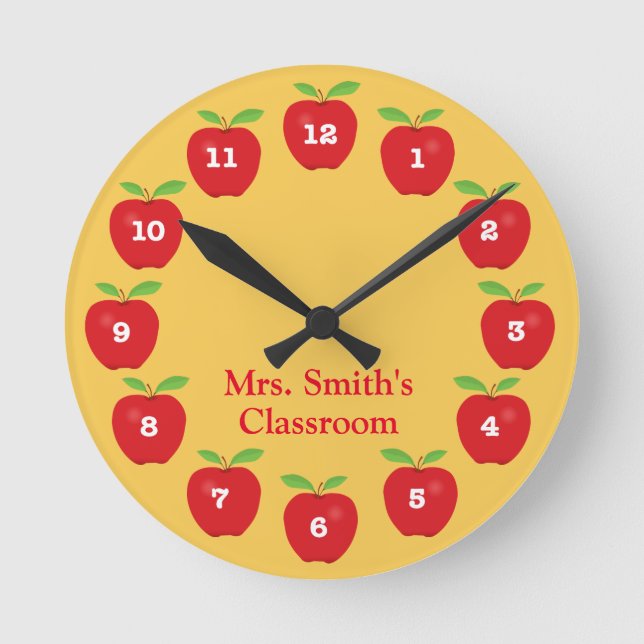 Ronde Horloge de classe avec pommes sur jaune (Recto)