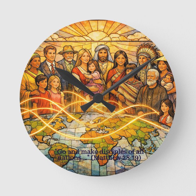 Ronde Horloge de discipulat en verre teinté Matthieu 28: (Recto)