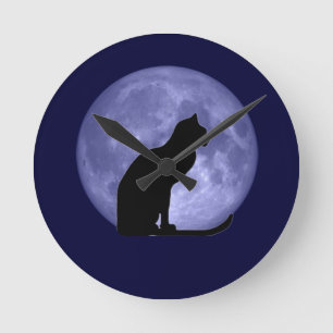 Ronde Horloge de lune bleue de chat noir