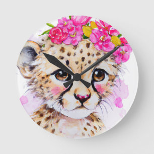 Ronde Horloge de nurserie bébé guépard avec couronne de