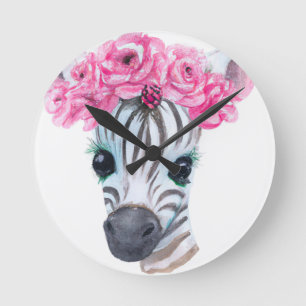 Ronde Horloge de Nurserie Zèbre avec Couronne de Fleurs
