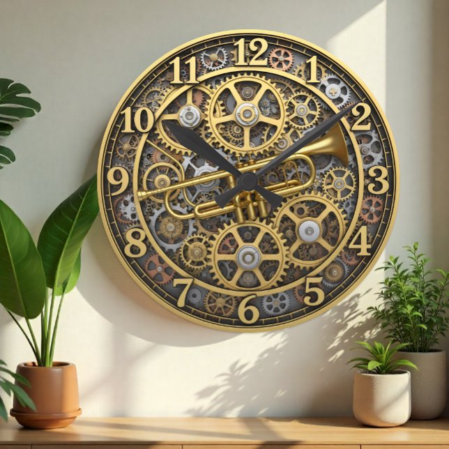 Ronde Horloge de trompette de jazz, Steampunk, Or, Musiq (Jazz Trumpet Wall Clock, Steampunk / Industrial)