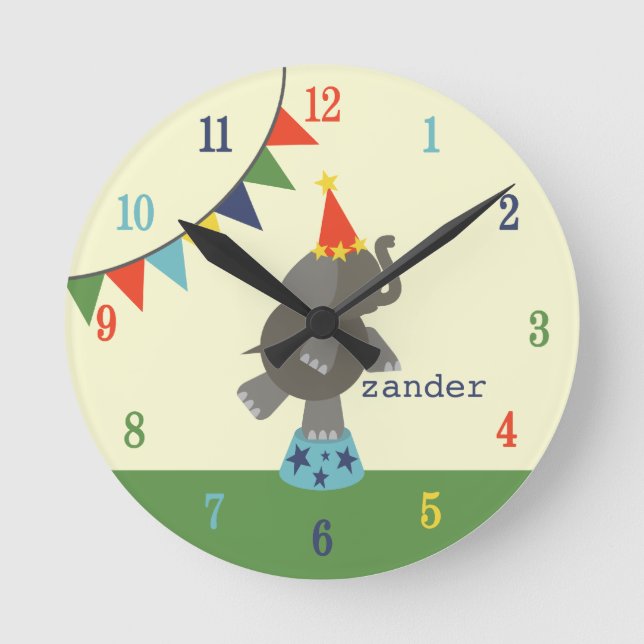 Ronde Horloge des éléphants et drapeaux de cirque (bleu  (Recto)