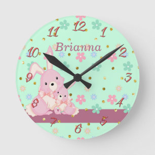 Ronde Horloge des enfants avec des lapins roses