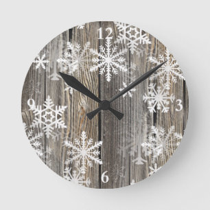 Ronde Horloge en bois rustique de flocons de neige